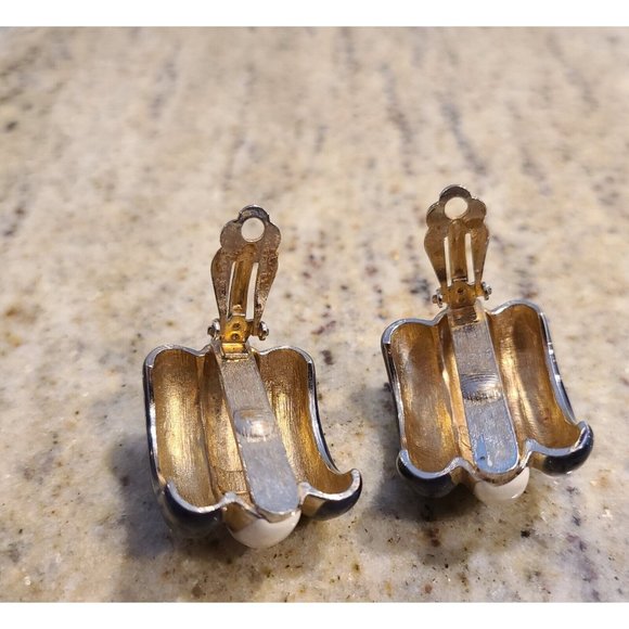 Donald Stannard Black White Gold Large Chunky Enamel Clip Earrings Half Hoop - Picture 9 of 14